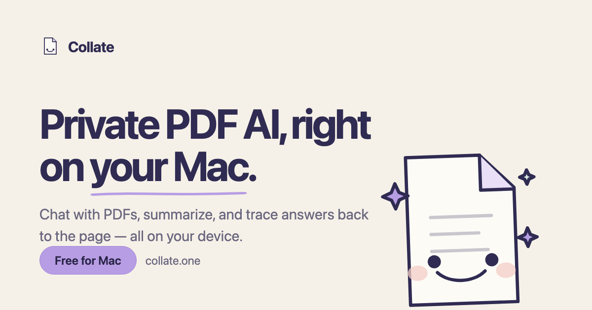 Collate product card showing a friendly PDF document and the words Private PDF AI, right on your Mac
